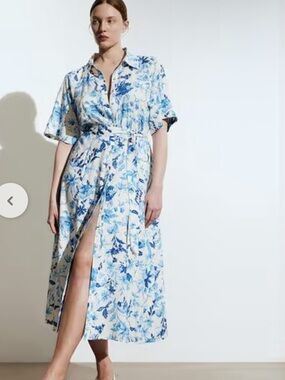 H&M Blue and White Floral Tie-Belt Shirt Dress